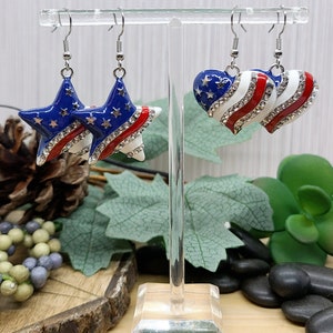 RED WHITE AND Blue Patriotic Earrings Heart or Star American Flag Earrings Colorful Memorial Day Earrings 4th Of July Fun Earrings image 5