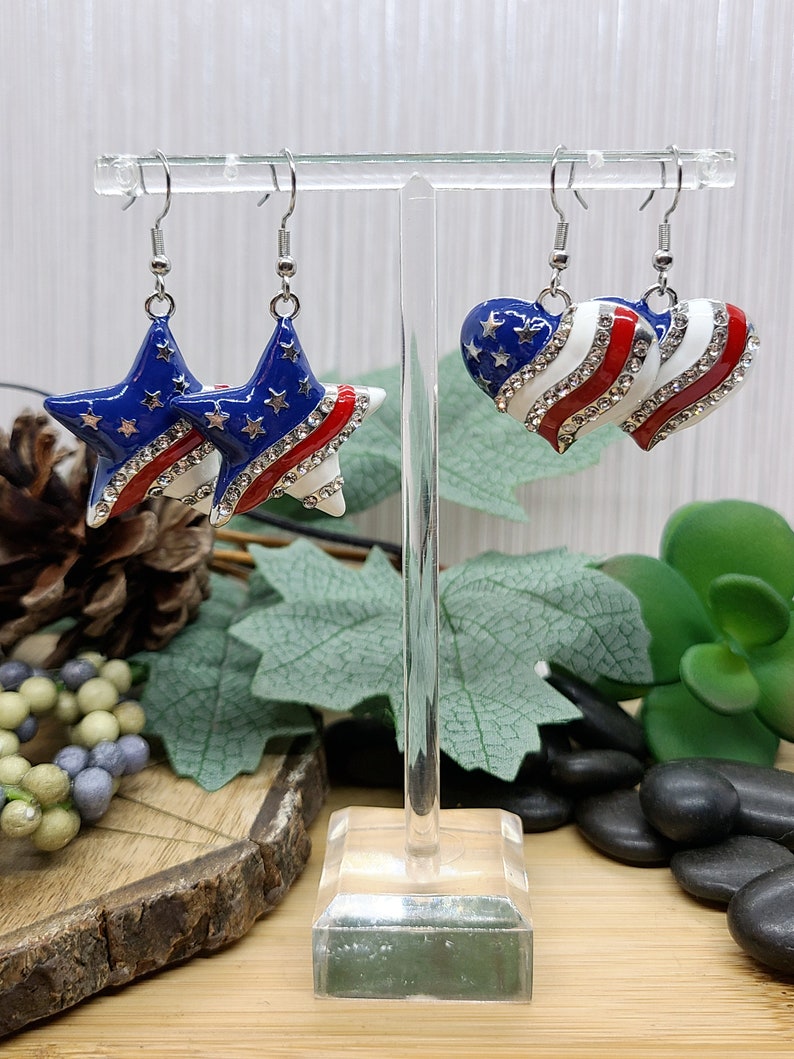 RED WHITE AND Blue Patriotic Earrings Heart or Star American Flag Earrings Colorful Memorial Day Earrings 4th Of July Fun Earrings image 5