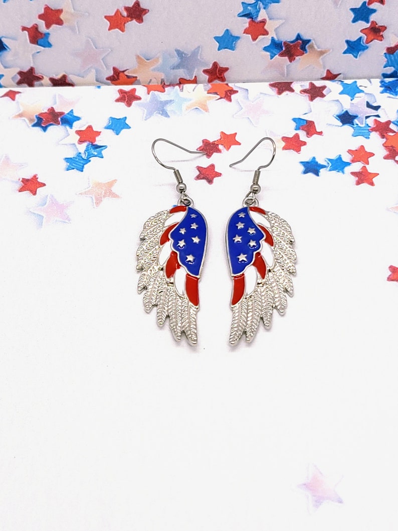 AMERICAN FLAG WING Earrings Patriotic 4th of July Earrings Red White and Blue Colorful Earrings Cute Novelty Earrings for Memorial Day image 2