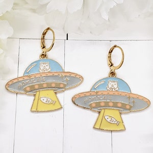 SPACE CAT UFO Earrings Cat Lover Gift Fun Space Earrings For Best Friend Gift Funky Cat Huggie Earrings Cat Jewelry Cute Earrings image 4