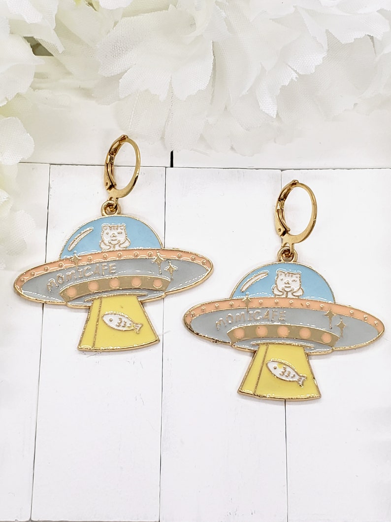 SPACE CAT UFO Earrings Cat Lover Gift Fun Space Earrings For Best Friend Gift Funky Cat Huggie Earrings Cat Jewelry Cute Earrings image 4