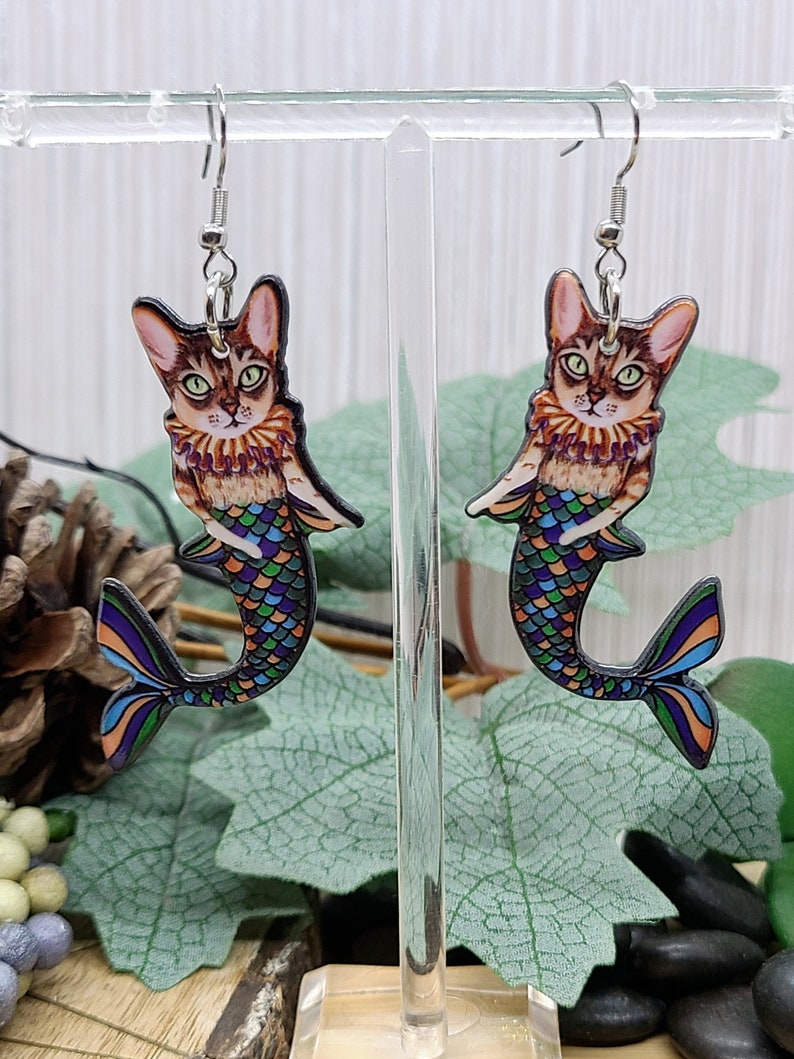 TABBY CAT MERMAID Earrings Weird Cat Earrings For Cat Mom Best Friend Gift Quirky Cat Mermaid Acrylic Earrings Fun Earrings Cat Jewelry image 5