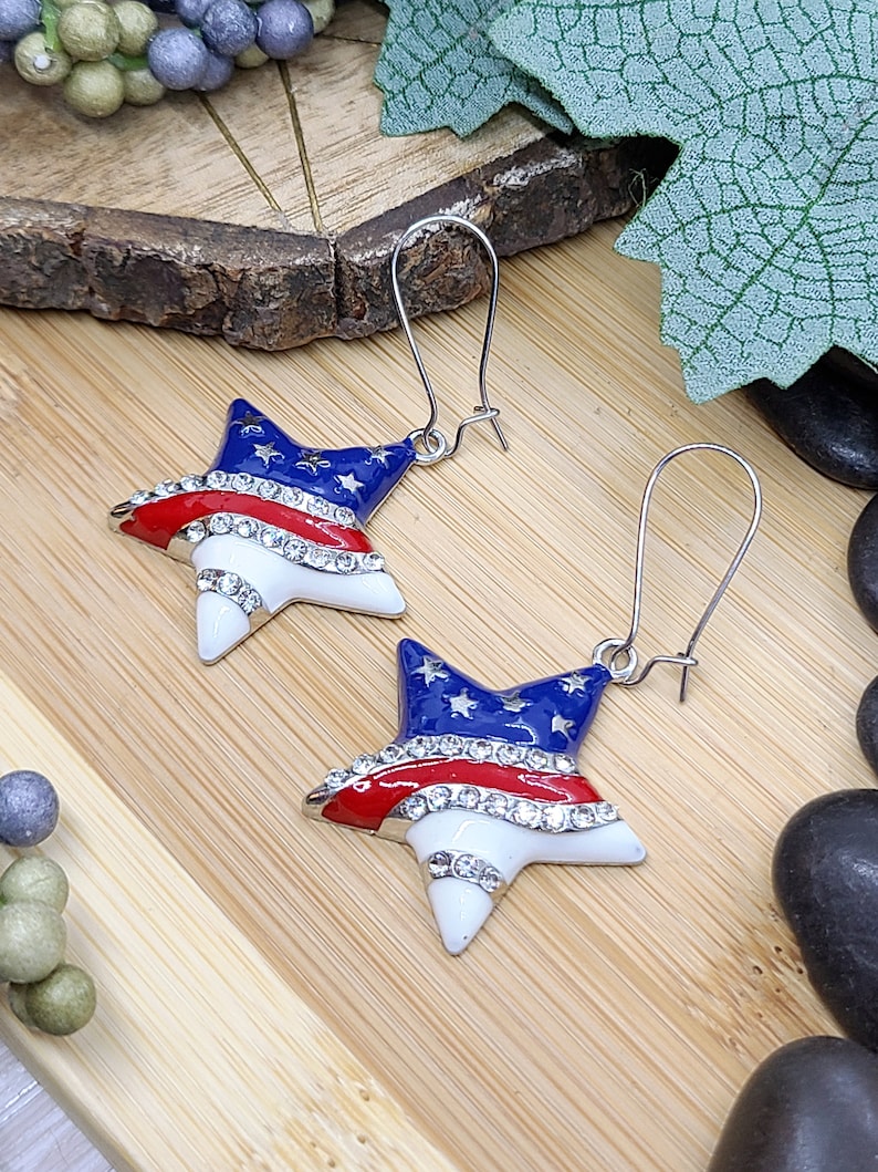RED WHITE AND Blue Patriotic Earrings Heart or Star American Flag Earrings Colorful Memorial Day Earrings 4th Of July Fun Earrings image 8