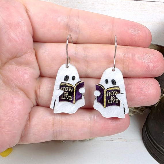 Halloween Bookish Ghost Earrings - Quirky Book Earrings Ghost Jewelry Gift
