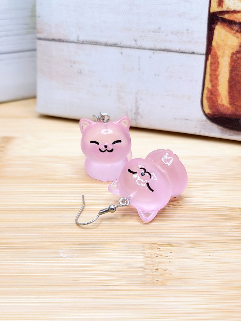 GLOW IN THE Dark Cat Earrings Cat Lover Gift Fat Cat Mismatched Earrings Funky Kawaii Resin Earrings Novelty Cute Cat Earrings image 4