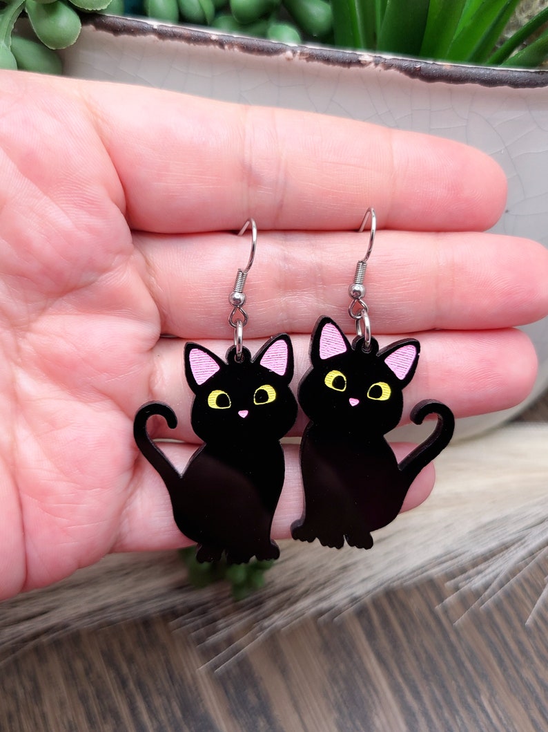 BLACK CAT ACRYLIC Earrings Cat Mom Cat Jewelry Handmade Laser Cut Cat Earrings Cat Themed Cat Lover Birthday Gifts Cute Cool Earrings image 4