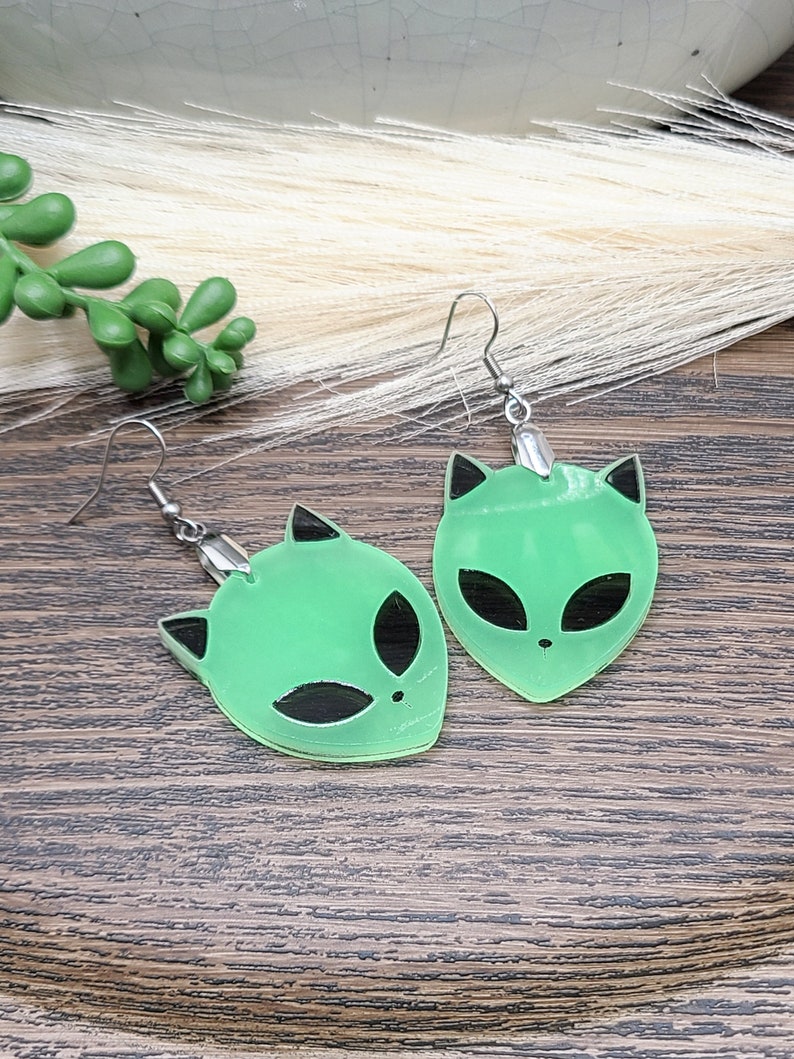 GLOW IN THE Dark Alien Cat Earrings Weird Acrylic Laser Cut Earrings Funky Ufo Space Earrings Quirky Halloween Earrings Cat Jewelry image 6