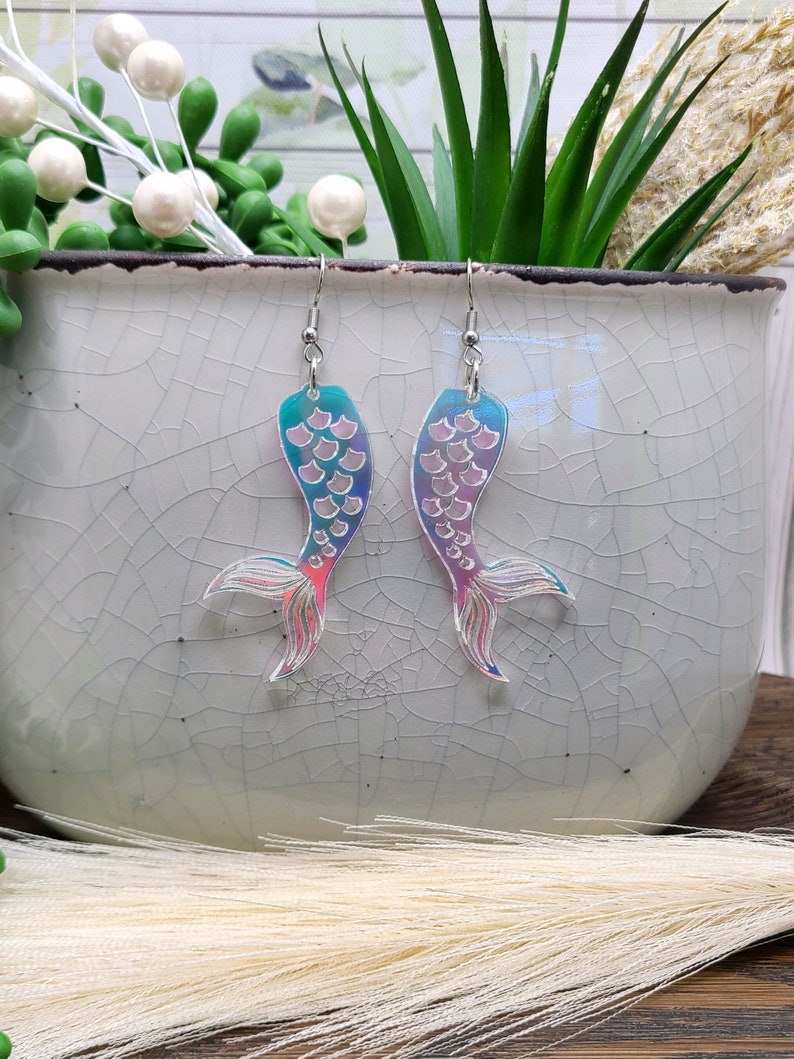 MERMAIDCORE IRIDESCENT EARRINGS Mermaid Tail Beachy Jewelry Whimsical Acrylic Mermaid Earrings Laser Cut Summer Earrings Cool Earrings image 1