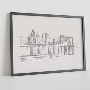 New York City Skyline Sketch | Digital Download Print | Brooklyn Bridge Art | Home Decor | Travel | Decoration