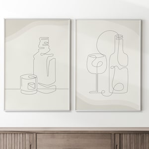 ワイン & ウイスキー ボトル アート | デジタル ダウンロード (プリント 2 枚セット) | バー カート | ドリンク デコレーション | ライン アート | アルコール アート | お酒のギフト