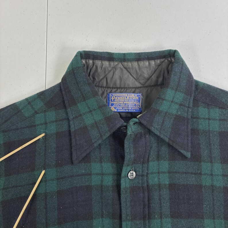 Camisa vintage Pendleton Wool Lodge con botones, talla grande, cuadros verdes. imagen 3