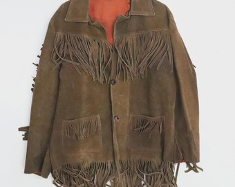 Abrigo/Chaqueta de cuero y gamuza estilo western vintage con flecos, talla mediana, color marrón.