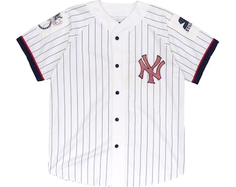 Vintage New York Yankees Script Starter Baseball Jersey Medium Pinstripe MLB