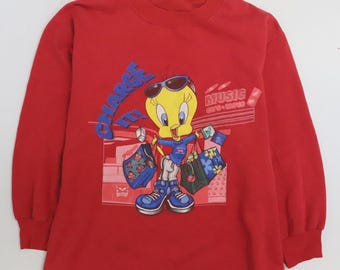 Bluza damska z okrągłym dekoltem i motywem ptaka Tweety'ego Looney Tunes w kolorze czerwonym, lata 90., rozmiar XL, kolor czerwony