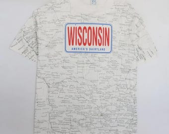 Vintage Wisconsin USA Map License Plate T-Shirt Size XL All Over Print