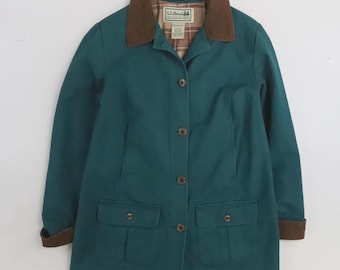 Chaqueta de trabajo vintage L.L. Bean Barn Coat, talla XS alta, color verde azulado a cuadros, forrada.