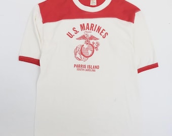 Vintage US Marines Parris Island South Carolina Ringer T-Shirt Size Large 80s