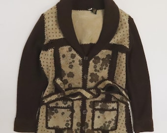 Vintage Floral Suede Cardigan Sweater Womens Size Medium