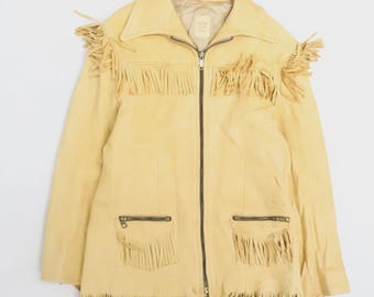 Casaco/Jaqueta Vintage Uber Owatonna Minnesota Western em Couro, Tamanho Pequeno, com Franjas