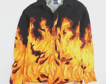 Vintage Wrangler Flame Fire Western Pearl Snap Shirt Size Medium