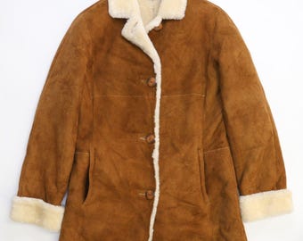 Vintage Sheepskin Leather Coat Jacket Womens Size Small Brown