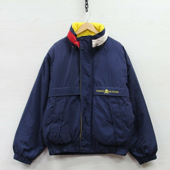 Vintage Tommy Hilfiger Puffer Jacket Sz Large Navy 90s Down Insulated Neck Flag
