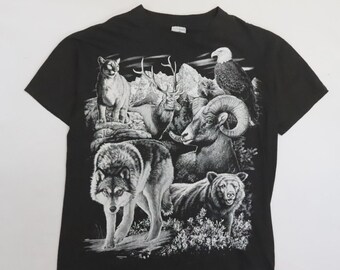 Camiseta vintage con estampado de lobo, águila y oso, talla XL, naturaleza, doble cara.