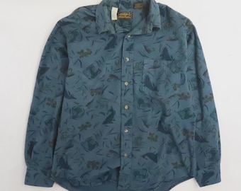 Vintage Eddie Bauer Button Up Shirt Size Large Fish Nature All Over Print