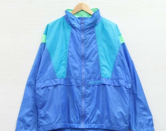 Vintage New Balance Windbreaker Jacket XL Teal Blue Lime Green 90s Embroidered