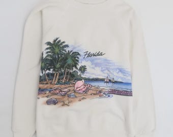 Sudadera vintage de cuello redondo de la costa de playa de Florida, talla grande, diseño envolvente con estampado de naturaleza.