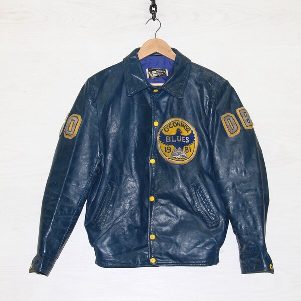 Vintage O'Connor Blues Football Leather Varsity Jacket Size 38 Blue 1981 80s