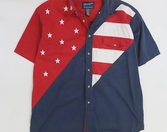 Vintage American Flag USA Wrangler Short Sleeve Button Up Shirt Size XL