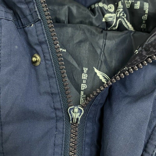 Vintage Triple FAT shops Goose Parka Puffer Jacket Size Small Blue Down Insulated