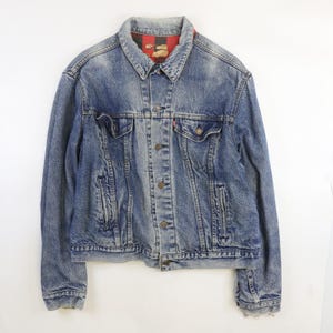 Vintage Levi&#39;s Denim Trucker Jacket Medium Buffalo Plaid Lined