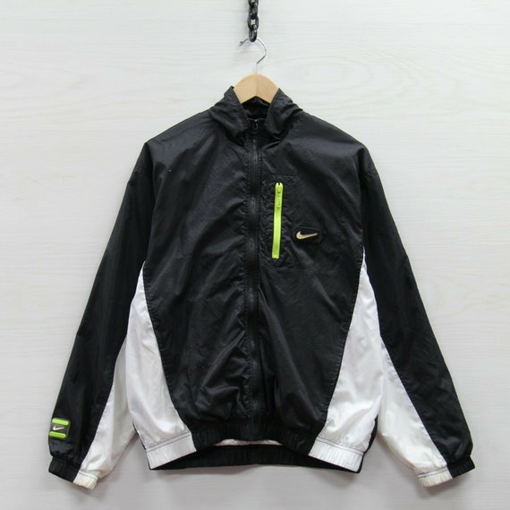 Vintage Nike Windbreaker Jacket Size Medium Black Neon Green 90s Full Zip Swoosh