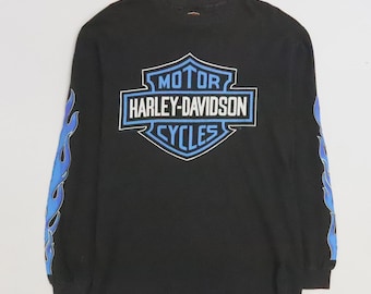 Vintage Harley Davidson Motorcycles Blue Flame Long Sleeve T-Shirt Size Medium