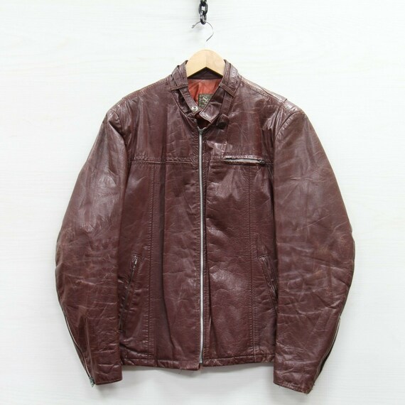 Vintage Sears Cafe Racer Leather Motorcycle Jacket Size 40 Burgundy Maroon