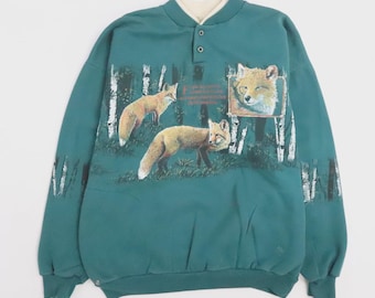 Sudadera vintage Fox Forest con cuello redondo, talla XL, naturaleza y animales.