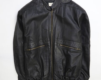 Leather Bomber Jacket Size Large Black