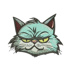 May include: An embroidered patch featuring the head of a cat with light blue fur, yellow eyes, and a grumpy expression. The design includes dark outlines, pointed ears with dark interiors, a pink nose, and visible whiskers on a white background.