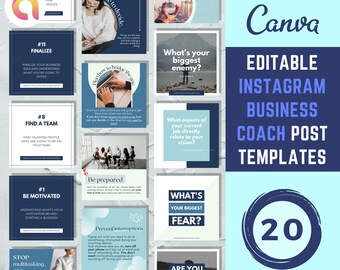 20 Blue Theme Instagram Coach Template Posts, bewerkbare Canva-sjablonen, Coaching Instagram, Coaching Business, Inspiratie Engagement Posts