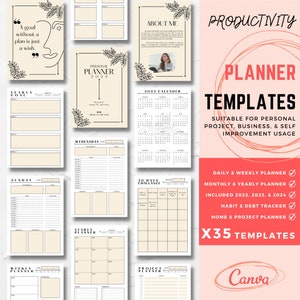 Puede incluir: Un conjunto de 35 plantillas de planificador imprimibles para uso personal, empresarial y de automejora. Las plantillas incluyen planificadores diarios, semanales, mensuales y anuales, así como rastreadores de hábitos y deudas, planificadores de hogar y proyectos. Las plantillas están diseñadas en un estilo minimalista con texto en blanco y negro sobre un fondo crema.