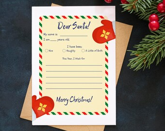 Druckbarer Brief an den Weihnachtsmann mit roten Handschuhen, Weihnachtsbrief, Handgeschrieben für Kinder Kinder, Rot Blaue Streifen, Frohe Weihnachten, Happy Holidays