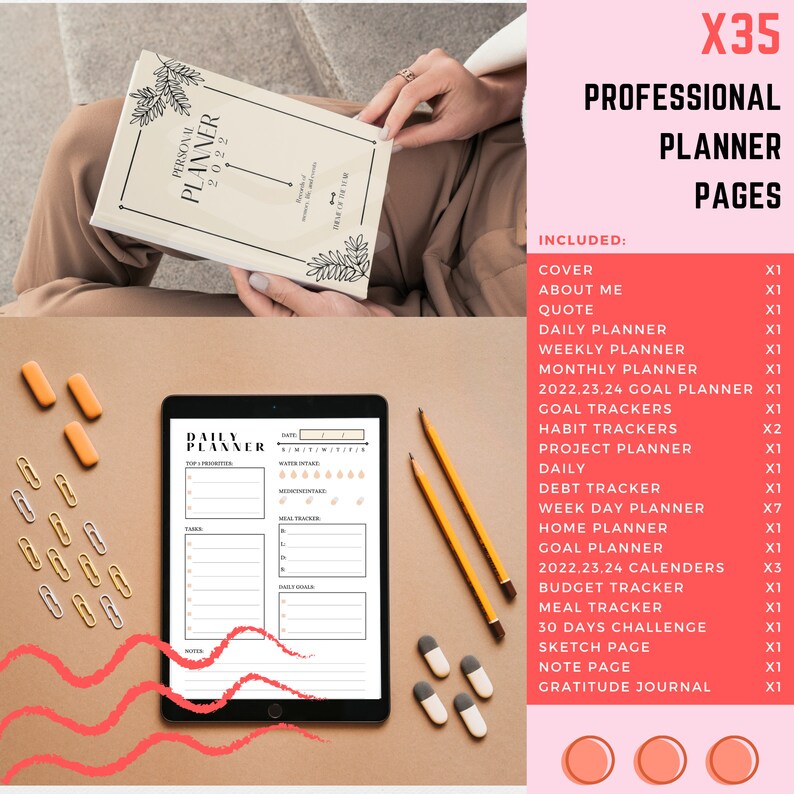 Op de afbeelding: Een digitale planner met 35 pagina's, inclusief een omslag, over mij, citaat, dagplanner, weekplanner, maandplanner, doelplanner, gewoontetrackers, projectplanner, schulden-tracker, weekdagplanner, huisplanner, doelplanner, kalenders, budgettracker, maaltijdtracker, 30-daagse uitdaging, schetspagina, notitiepagina en dankbaarheidsdagboek.