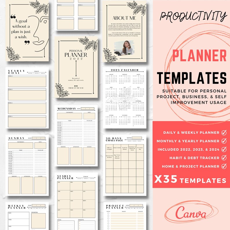 Op de afbeelding: Een set van 35 printbare planner sjablonen voor persoonlijk, zakelijk en zelfverbetering. De sjablonen omvatten dagelijkse, wekelijkse, maandelijkse en jaarlijkse planners, evenals gewoonte- en schulden trackers, huis- en projectplanners. De sjablonen zijn ontworpen in een minimalistische stijl met zwarte en witte tekst op een cr&egrave;me achtergrond.