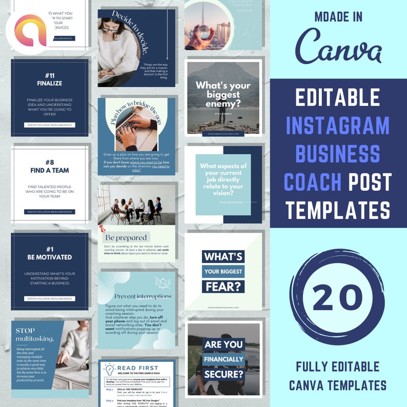 20 Blue Theme Instagram Coach Template Posts, Editable Canva Templates ...