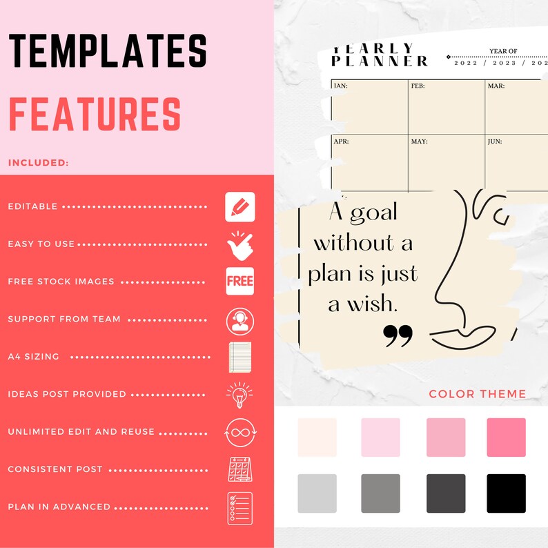 Op de afbeelding: Een roze en witte printbare planner-sjabloon met een citaat dat luidt: "Een doel zonder plan is slechts een wens." De sjabloon bevat een kleurenthema met roze, witte, grijze en zwarte kleurstalen.