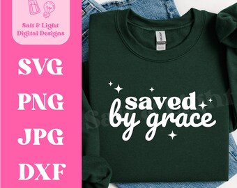 Retro Saved By Grace SVG - Kristen skjortdesign - Tro SVG - Digital nedladdning