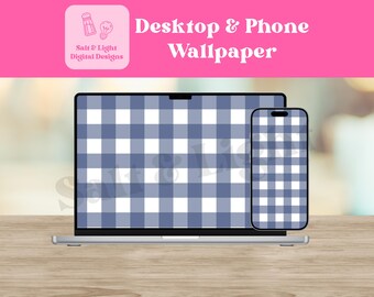 Blue Gingham Desktop and Phone Wallpaper - Blue and White Wallpaper - Digital Download