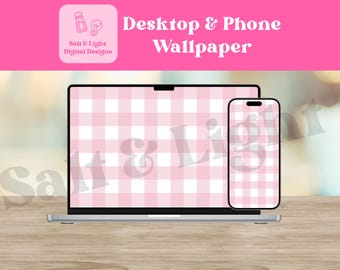 Pink Gingham Desktop and Phone Wallpaper - Pink and White Wallpaper - Digital Download